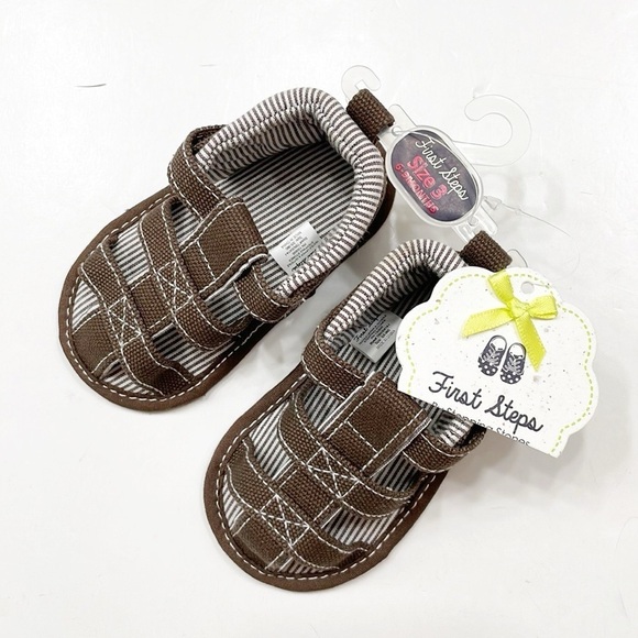 NEW First Steps chocolate canvas w/stripe baby sandals - Picture 1 of 5
